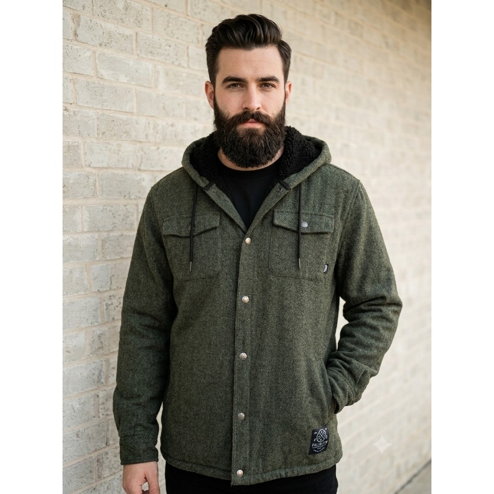 Ecko Unltd Mens Grey-Green Sherpa Lined Flannel Hooded Jacket Size L